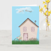 roze huis met fiets en kat voor nieuw huis kaart (Gele Bloem)