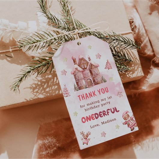 Roze huis van gemberkoek Kerst Eerste Verjaardag Cadeaulabel