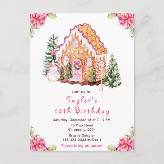 Roze huis van gemberkoek verjaardagsfeestje briefkaart (Voorkant)