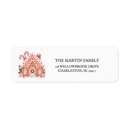 Roze huis van peperkoek Kerst retouradres Etiket (Voorkant)
