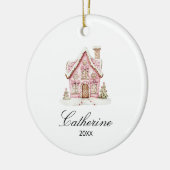 Roze huis van peperkoek Kerstmis Aangepaste naam Keramisch Ornament (Links)