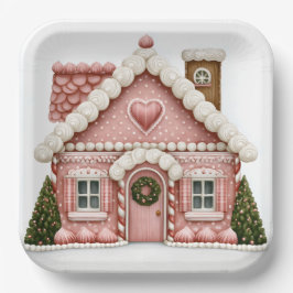 Roze huis van peperkoek papieren bordje