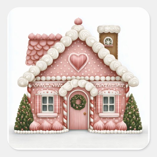 Roze huis van peperkoek vierkante sticker (Voorkant)