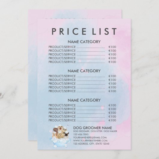 Roze Huisdier Groomer Zittende Hond Kat Spa Prijsl Menu (Voorkant / Achterkant)