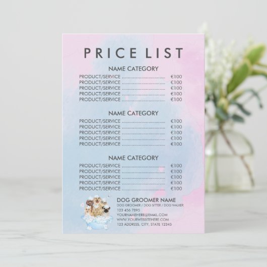 Roze Huisdier Groomer Zittende Hond Kat Spa Prijsl Menu (Staand voorkant)