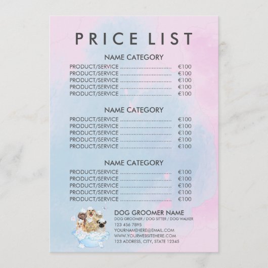 Roze Huisdier Groomer Zittende Hond Kat Spa Prijsl Menu (Voorkant)