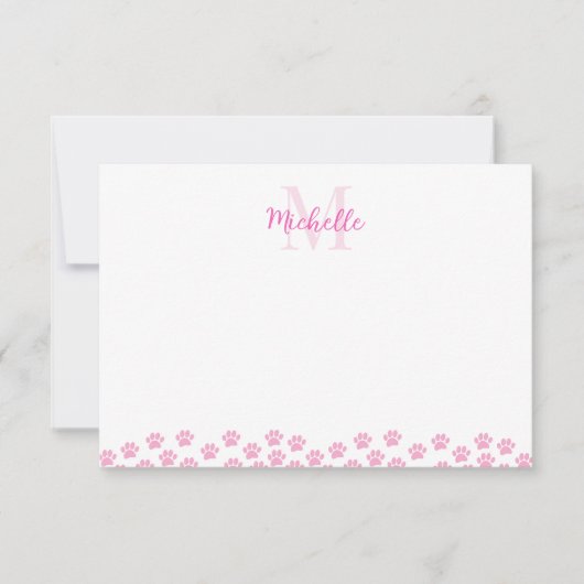 Roze huisdier pootafdrukken Aangepaste monogram Sc Notitiekaartje (Voorkant)