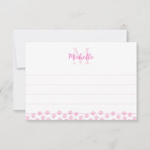 Roze huisdierpootafdrukken Aangepaste monogram Lij Notitiekaartje
