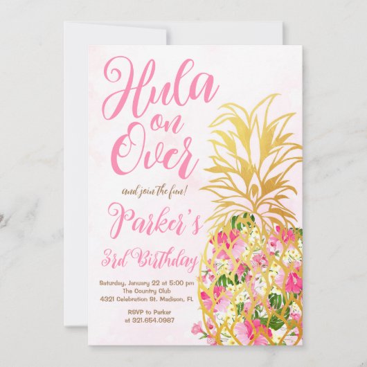 Roze Hula over, Luau, Ananas Verjaardagsfeest Kaart (Voorkant)