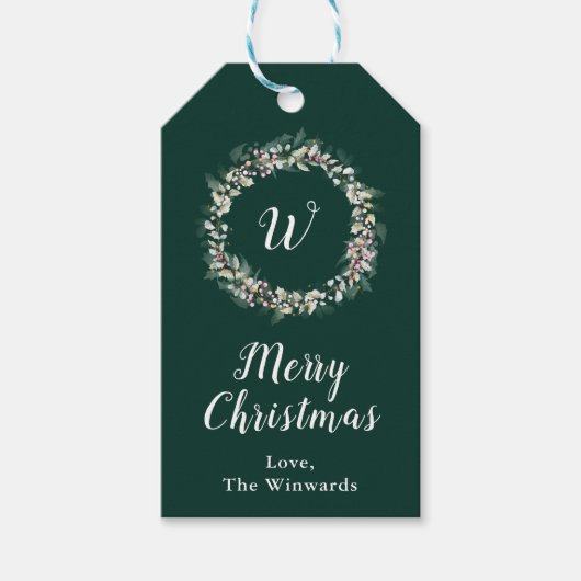 Roze hulstkrans Gelukkig kerstfeest Cadeaulabel (Voorkant)