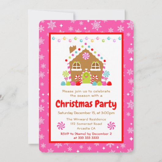 Roze Hut Van Gemberkoek Kerstfeestje Kaart (Voorkant)