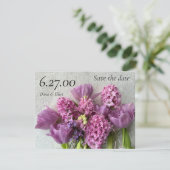 Roze hyacinths en tulips arrangement save the date (Staand voorkant)