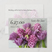 Roze hyacinths en tulips arrangement save the date (Voorkant / Achterkant)