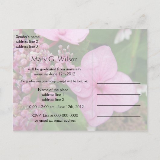 Roze hydrangea afstuderen van een bloemmeisje aankondigingskaart (Achterkant)