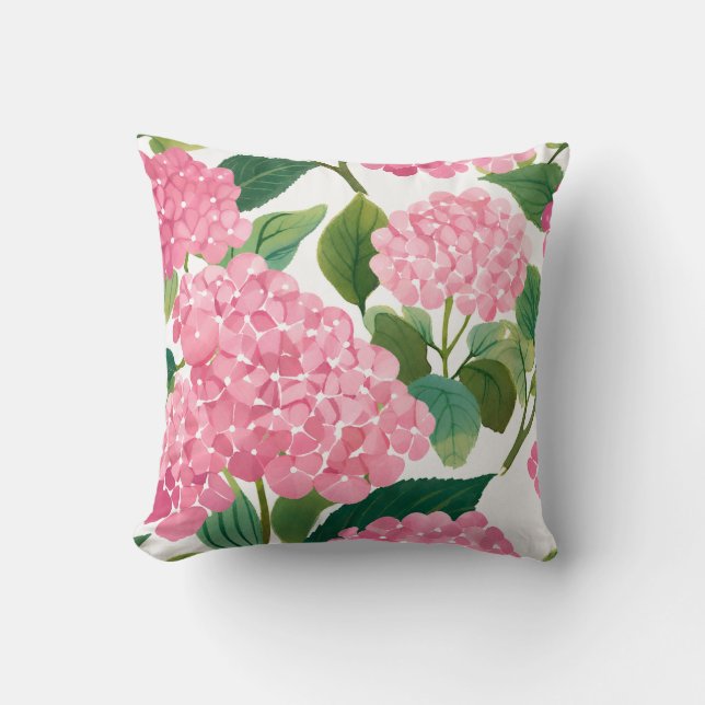 Roze Hydrangea Aquarel Bloemstuk Kust Kussen (Voorkant)