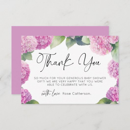 Roze Hydrangea Baby shower Dank u Informatiekaartje (Voorkant / Achterkant)