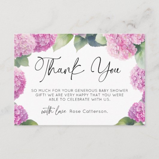 Roze Hydrangea Baby shower Dank u Informatiekaartje (Voorkant)