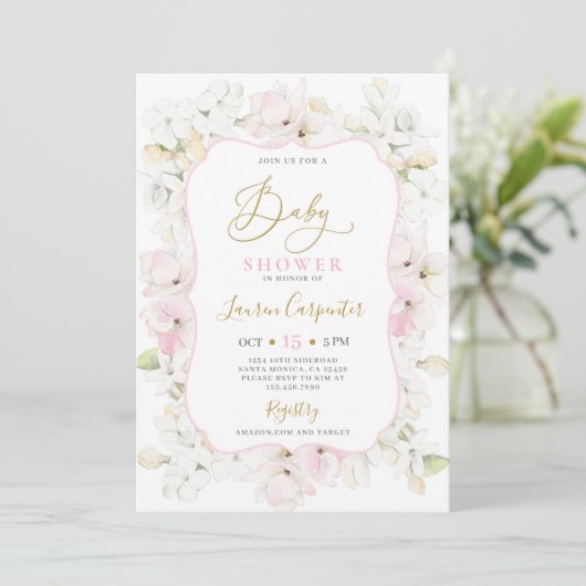 Roze Hydrangea Baby shower Meisje Kaart (Staand voorkant)
