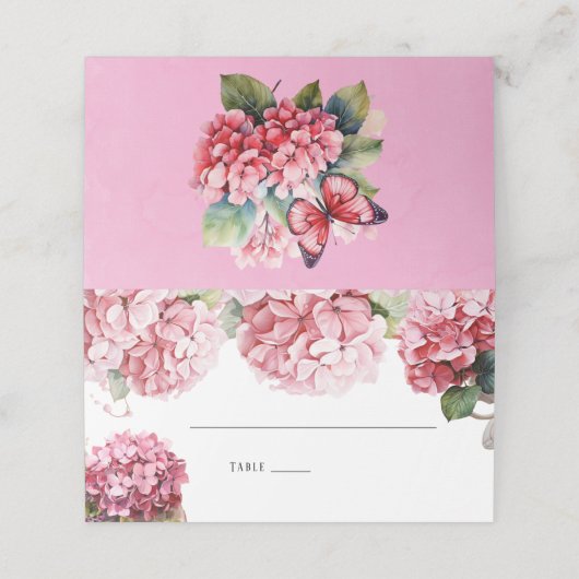 Roze Hydrangea Bijbel Boek Trouwtafel Plaatskaartje (Buitenkant ongevouwen)