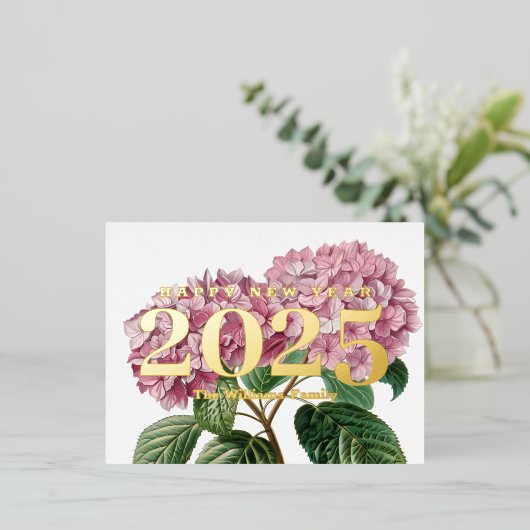 Roze Hydrangea Bloem Gelukkig Nieuwjaar 2025 Goud Folie Feestdagen Briefkaart (Staand Voorkant)