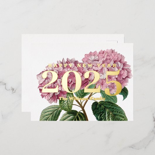 Roze Hydrangea Bloem Gelukkig Nieuwjaar 2025 Goud Folie Feestdagen Briefkaart (Voorkant / Achterkant)