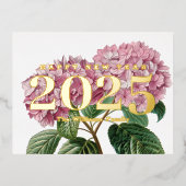 Roze Hydrangea Bloem Gelukkig Nieuwjaar 2025 Goud Folie Feestdagen Briefkaart (Voorkant)