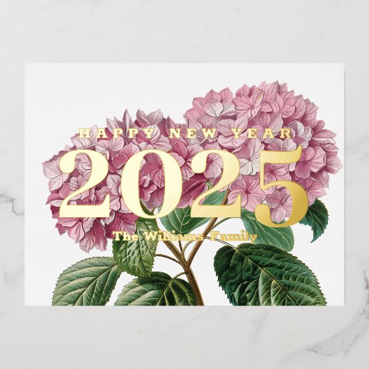 Roze Hydrangea Bloem Gelukkig Nieuwjaar 2025 Goud Folie Feestdagen Briefkaart (Voorkant)