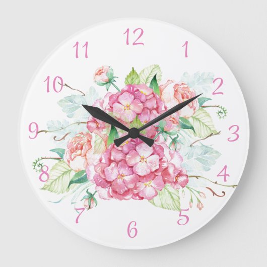 Roze Hydrangea Bloem Watercolor Wandklok (Voorkant)