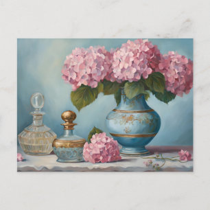 Roze Hydrangea Bloemen en Antieke Parfumflesjes Briefkaart
