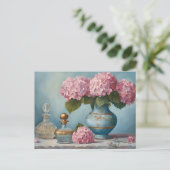Roze Hydrangea Bloemen en  Parfumflessen Briefkaart (Staand voorkant)