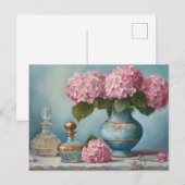 Roze Hydrangea Bloemen en  Parfumflessen Briefkaart (Voorkant / Achterkant)