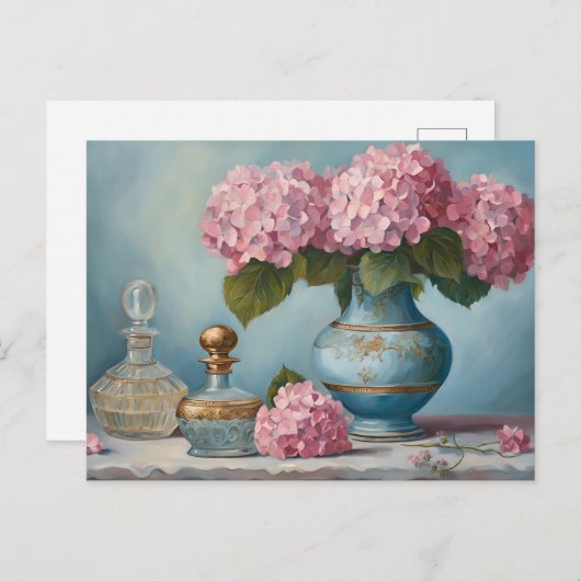 Roze Hydrangea Bloemen en Parfumflessen Briefkaart (Voorkant / Achterkant)