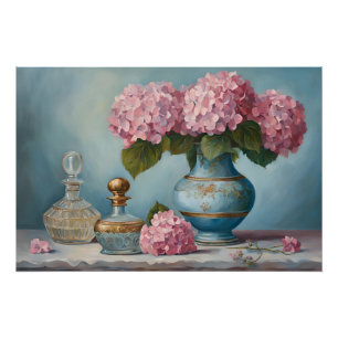 Roze Hydrangea Bloemen en Parfumflessen Perfect Poster