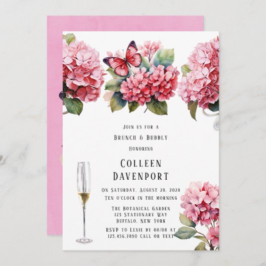 Roze Hydrangea Bloemen Vlinder Brunch & Bubbly Kaart (Voorkant / Achterkant)