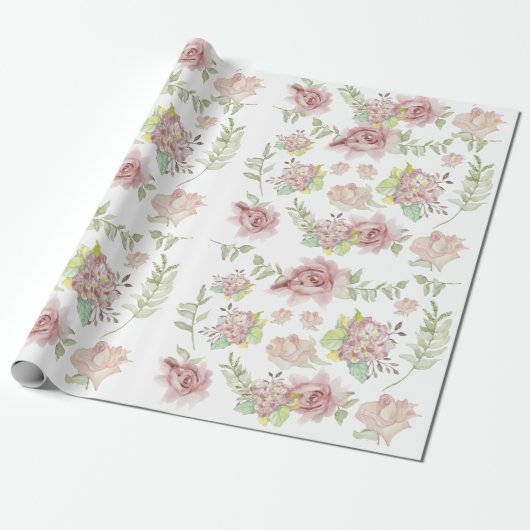 Roze Hydrangea Bloemen Waterverf Blush Rozen Salie Cadeaupapier (Uitgerold)