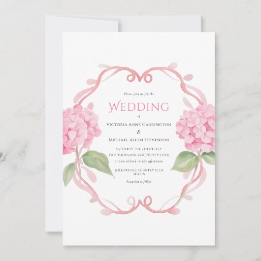 Roze Hydrangea Bloemen Waterverf Bruiloft Kaart (Voorkant)
