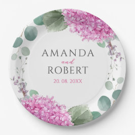 Roze Hydrangea Bloemen Waterverf Elegante Trouwfee Papieren Bordje
