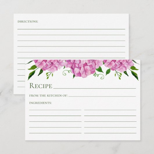 Roze Hydrangea Bloemen Waterverf Recept Kaart (Voorkant / Achterkant)
