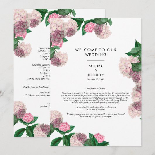 Roze Hydrangea Bloemige Groene Huwelijksprogramma  Programmakaart (Voorkant / Achterkant)