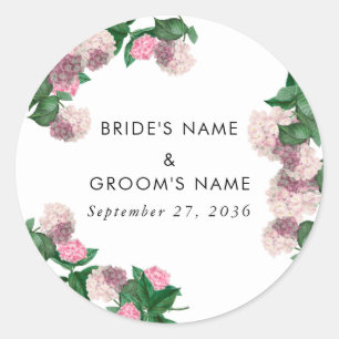 Roze Hydrangea Bloemige Groene Moderne Trouw Ronde Sticker