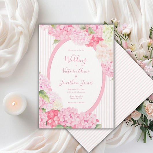 Roze Hydrangea Bloemstreep Trouwuitnodiging Kaart