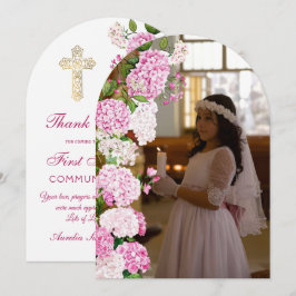 Roze Hydrangea Boog Eerste Communie Dankkaart Kaart