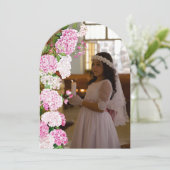 Roze Hydrangea Boog Eerste Communie Dankkaart Kaart (Staand voorkant)