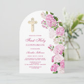 Roze Hydrangea Boog Eerste Communie Kaart (Staand voorkant)