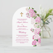 Roze Hydrangea Boog Religieuze Trouwfeest Kaart (Staand voorkant)