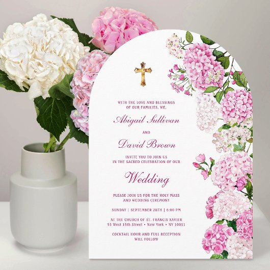 Roze Hydrangea Boog Religieuze Trouwfeest Kaart