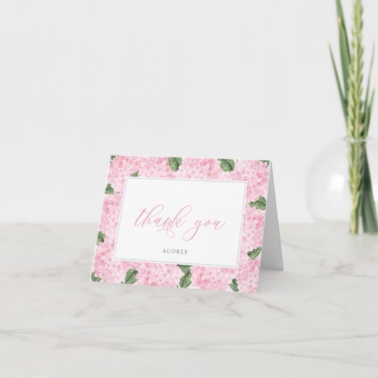 Roze Hydrangea Bordered Personalized Script Bedankkaart (Voorkant)