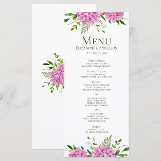 Roze Hydrangea Bruiloft Menu (Voorkant / Achterkant)