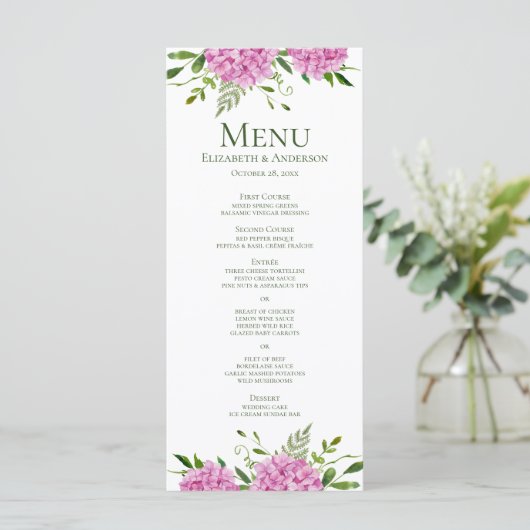 Roze Hydrangea Bruiloft Menu (Staand voorkant)