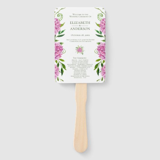 Roze Hydrangea bruiloft programma Handwaaier (Voorkant)
